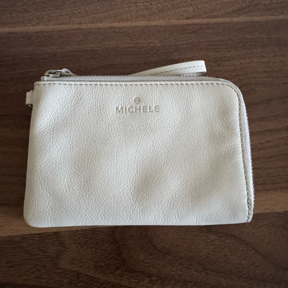 Michele Cream Leather Wristlet Zip Pouch